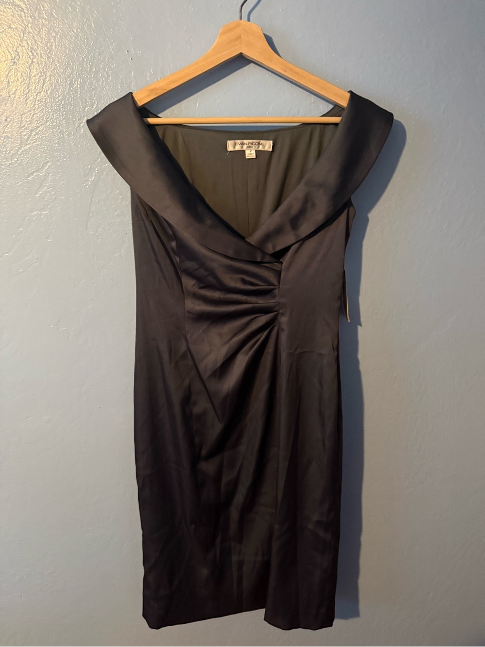 Classic Slate Satin Cocktail Dress by Evan Picone with Draped V-Neck